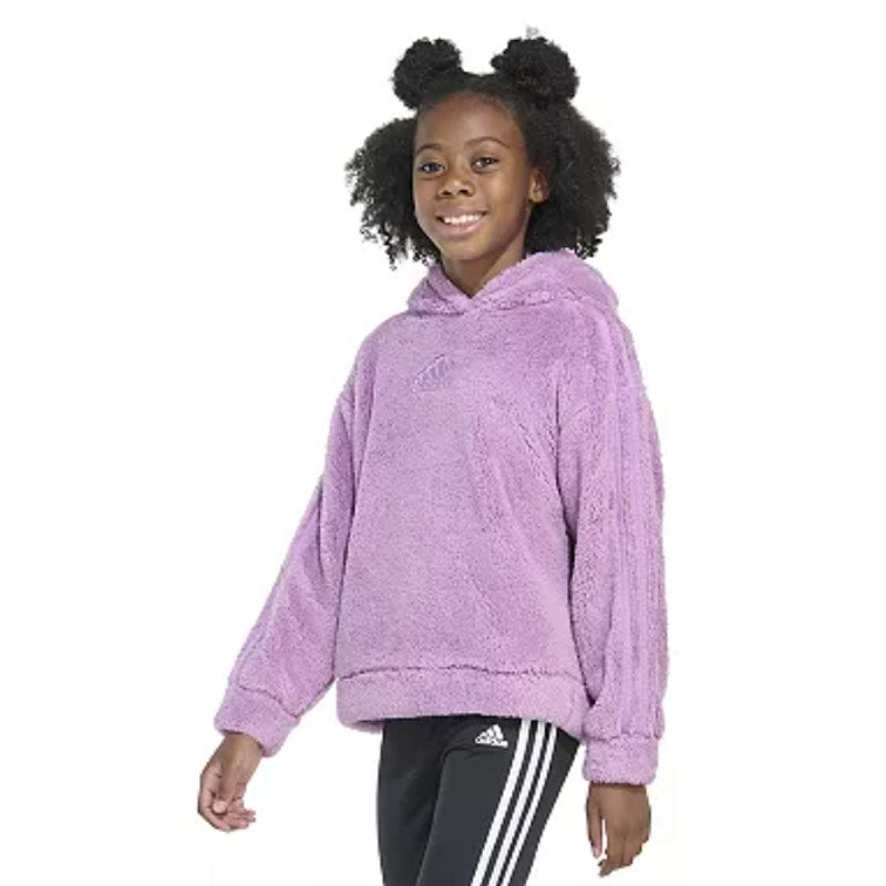 ADIDAS Girls Cozy Sherpa Hood Pullover Sweatshirt Large Purple Fuzzy NWT
