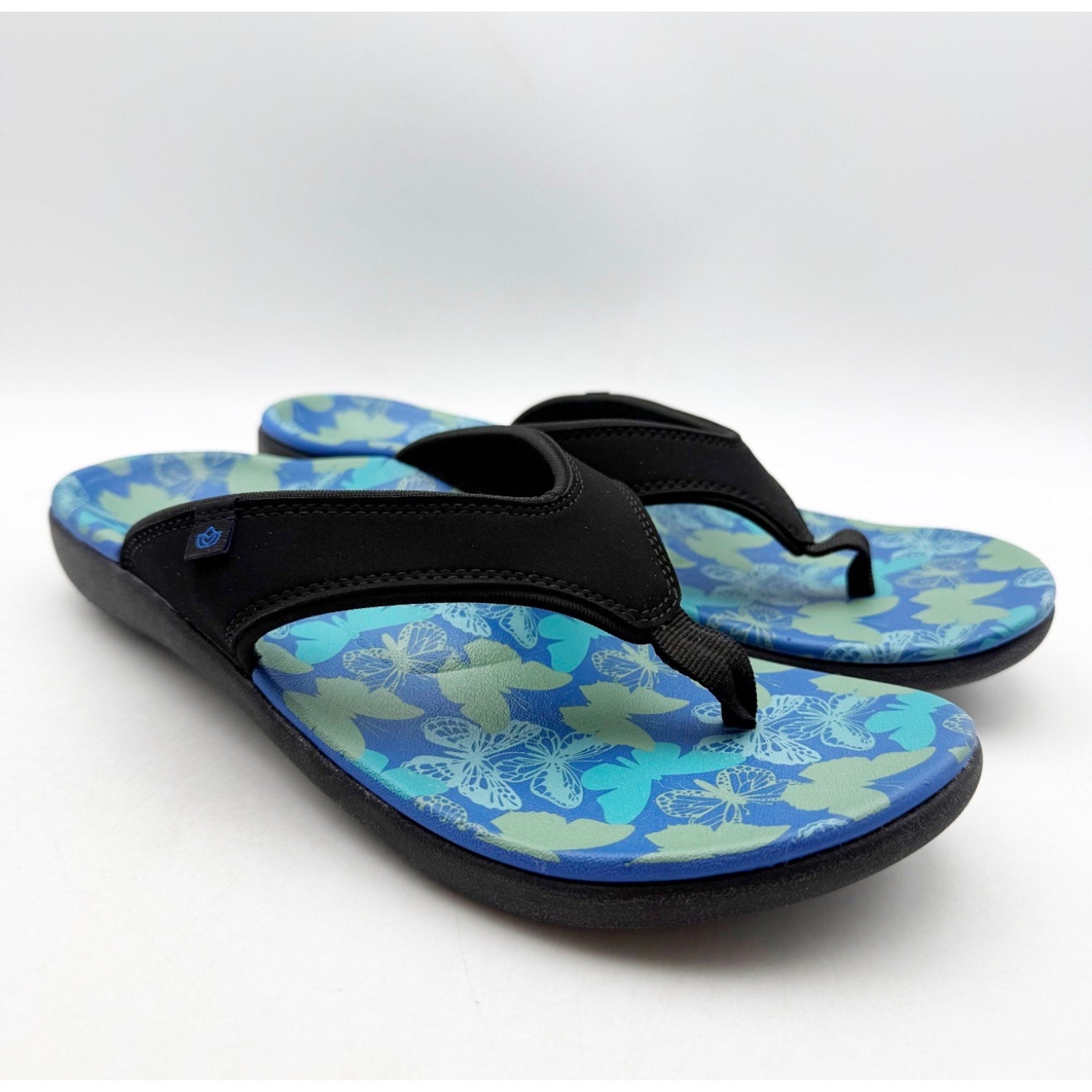 Spenco Women's Yumi Butterfly Sandals Size 8 WIDE Blue Black Flip Flop NWT