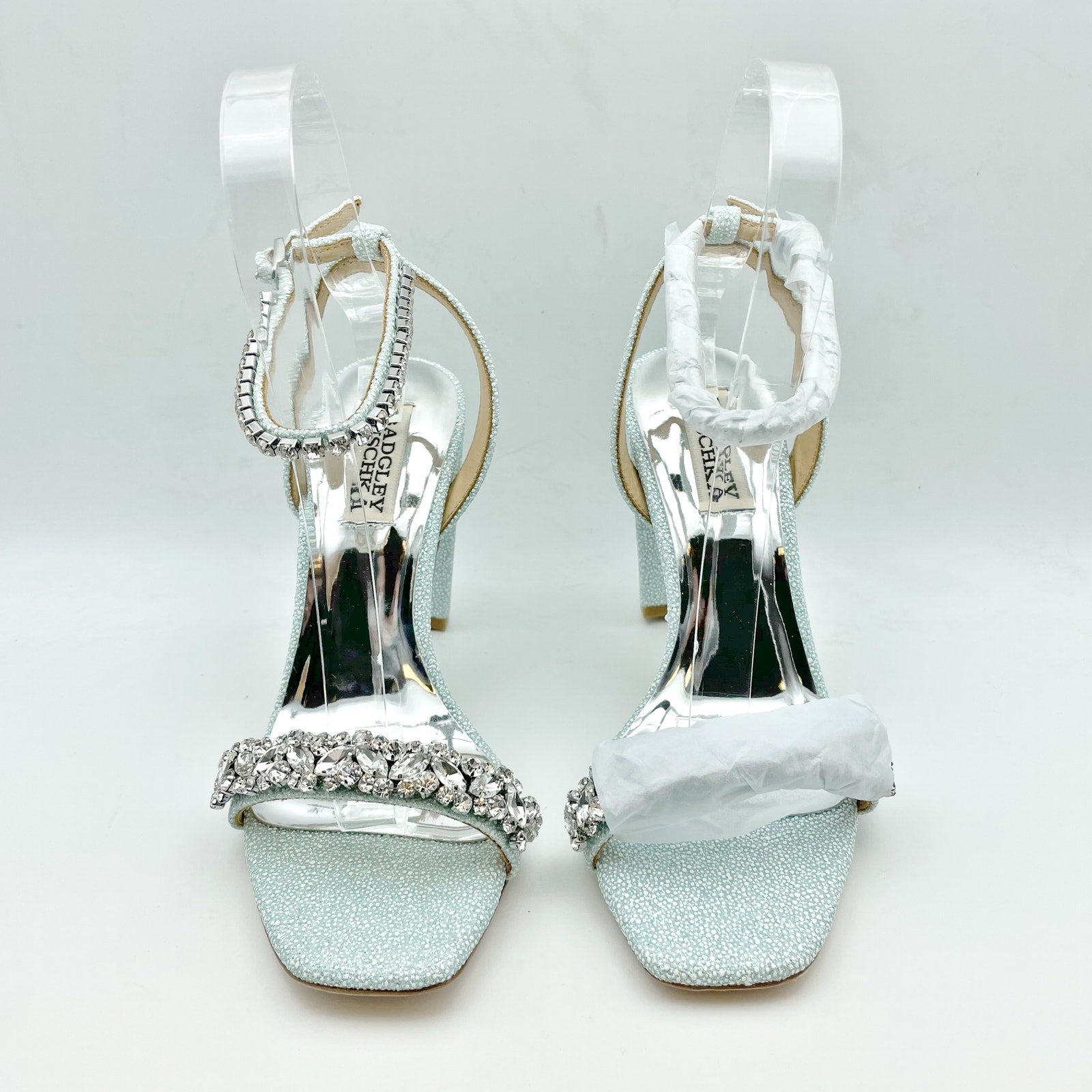 BADGLEY MISCHKA Womens Tasmine Tall Evening Sandals US 6.5 Blue Crystals NIB