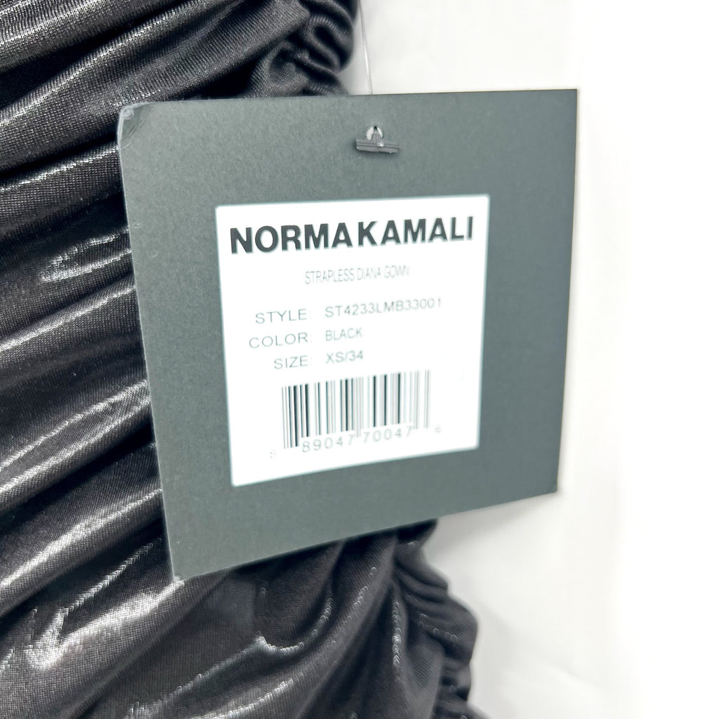 NORMA KAMALI Diana Strapless Midi Dress XS 34 Black Metallic Ruched Stretch NWT