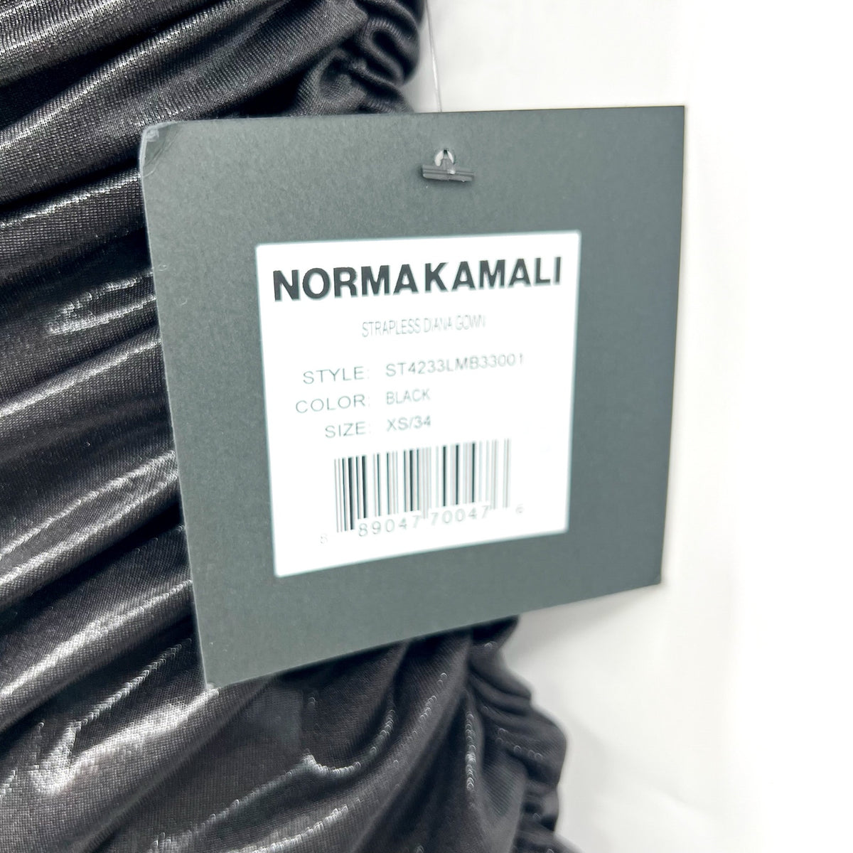 NORMA KAMALI Diana Strapless Midi Dress XS 34 Black Metallic Ruched Stretch NWT