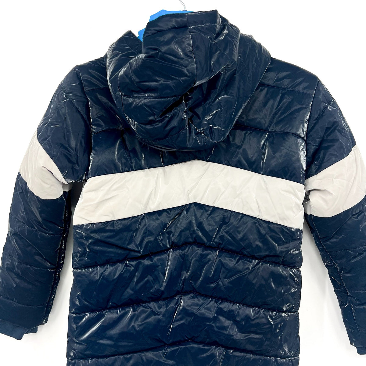 HATLEY Boys Shark Skin Puffer Jacket Size 8 Navy Blue Colorblock Hooded NWT