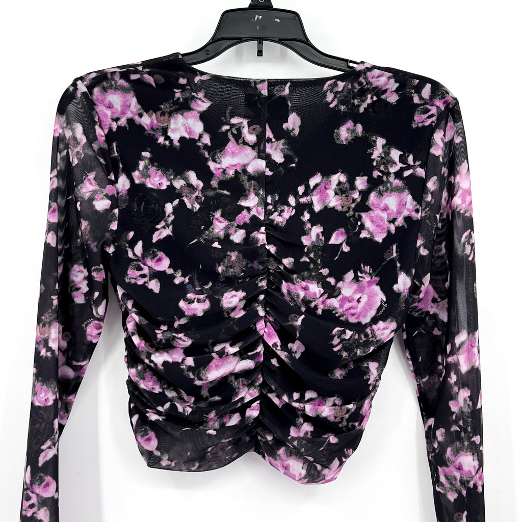 GANNI Women's Floral Mesh Crop Top Size 34 US 2 Black Pink Long Sleeve NWOT