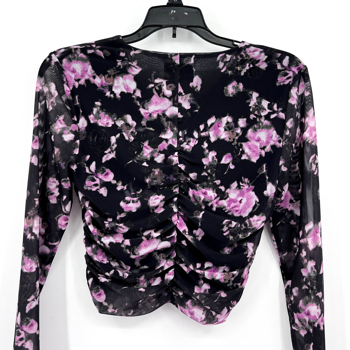 GANNI Women's Floral Mesh Crop Top Size 34 US 2 Black Pink Long Sleeve NWOT