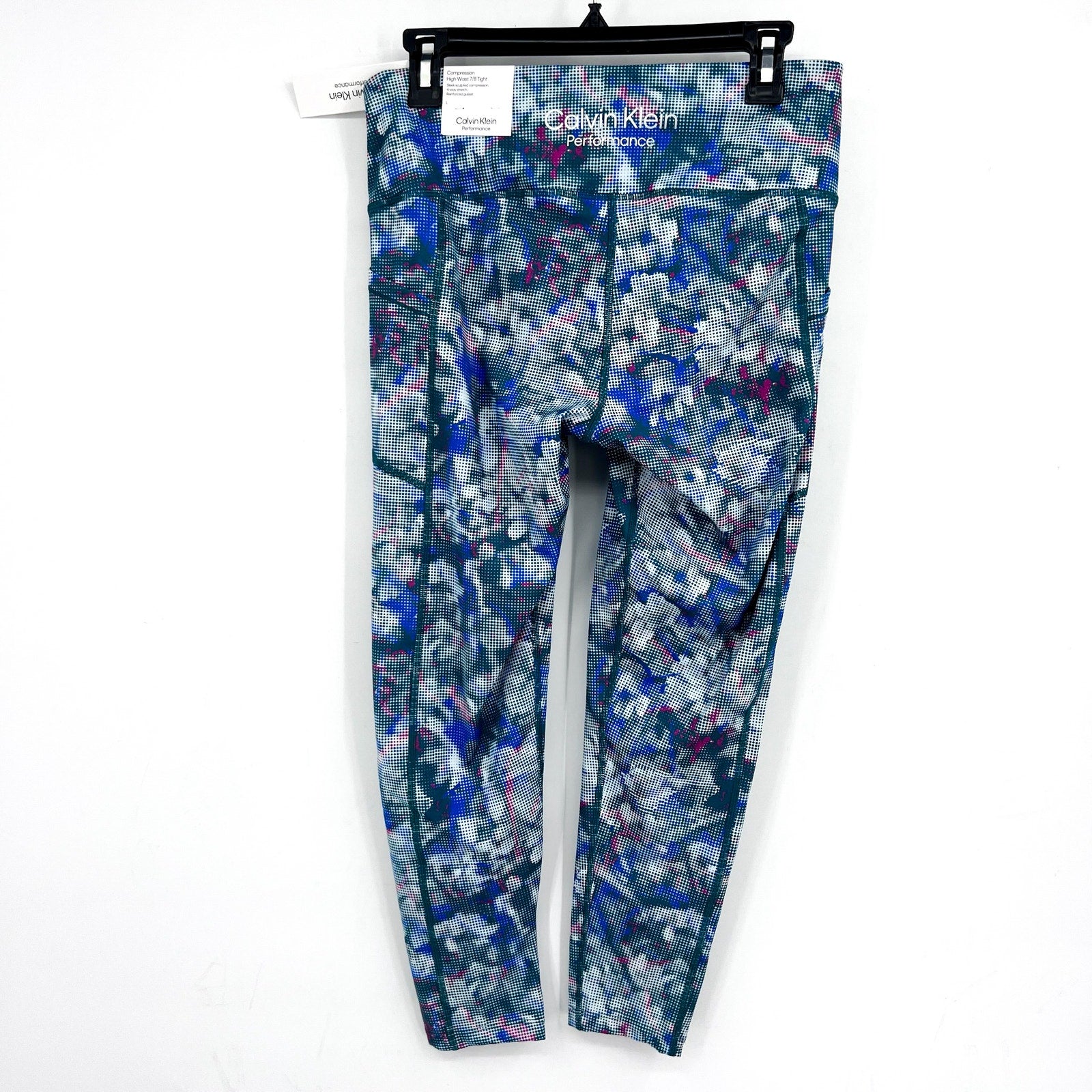 CALVIN KLEIN PERFORMANCE 7/8 Leggings Large Blue Pink Geometric Print NWT
