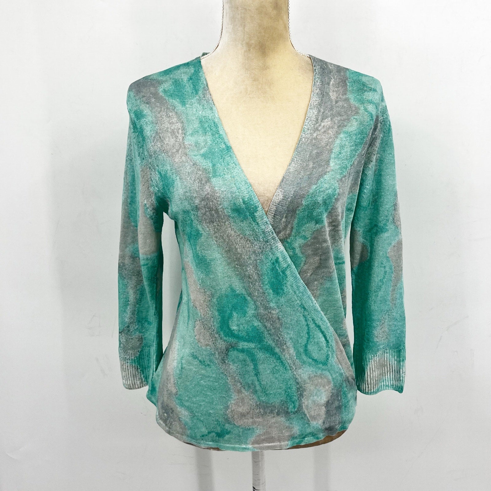 NIC + ZOE Women's Watercolor Waves 4-Way Cardigan Medium Green Grey Top NWT