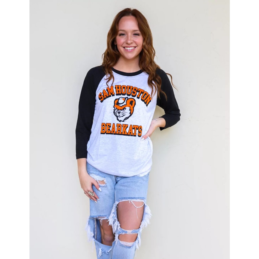 47 BRAND Sam Houston State Bearkats Baseball Tee Small Grey Orange Raglan NWT