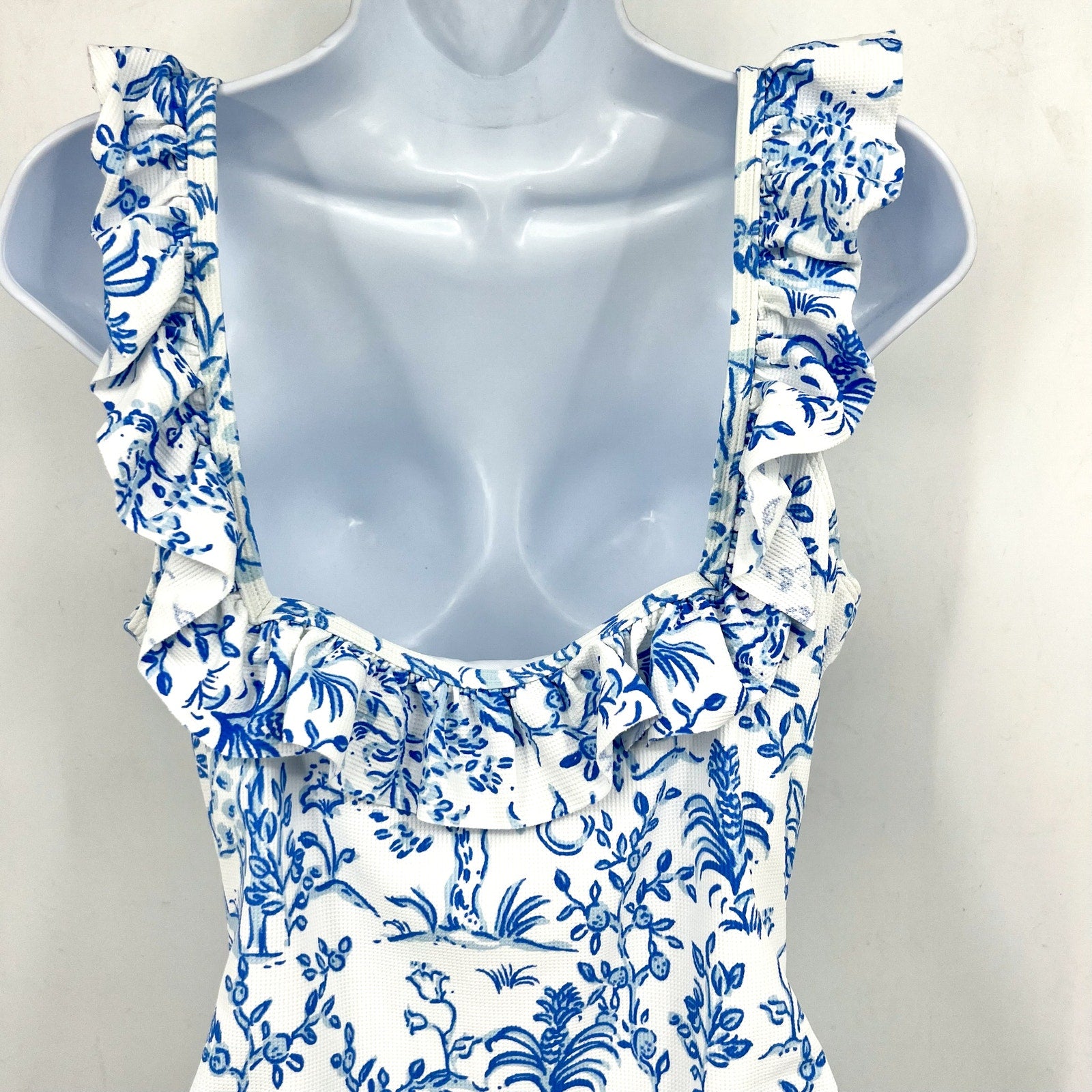 LILLY PULITZER Aemma Ruffle One-piece Swimsuit Size 16 White Blue Tall Tales NWT