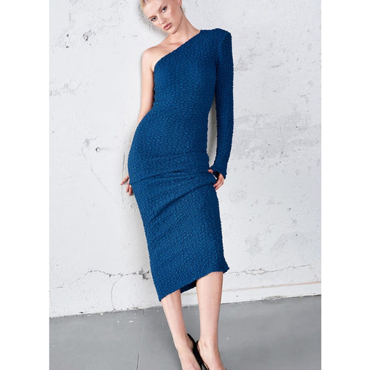 BARDOT Women's Crinkle One Shoulder Long Dress US 4 Teal Blue Long Sleeve NWT