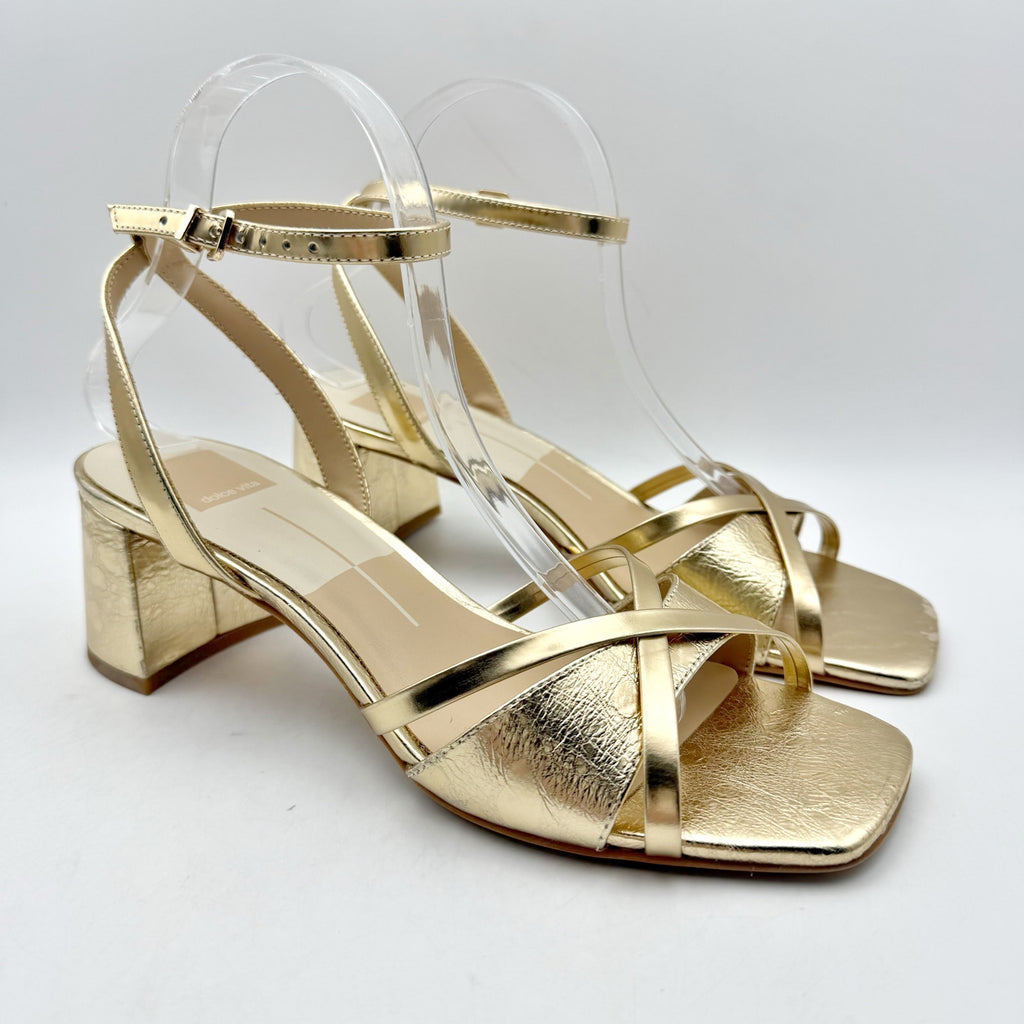 Dolce Vita Womens Blakly Heel Sandal US 8.5 Gold Distressed Leather NIB