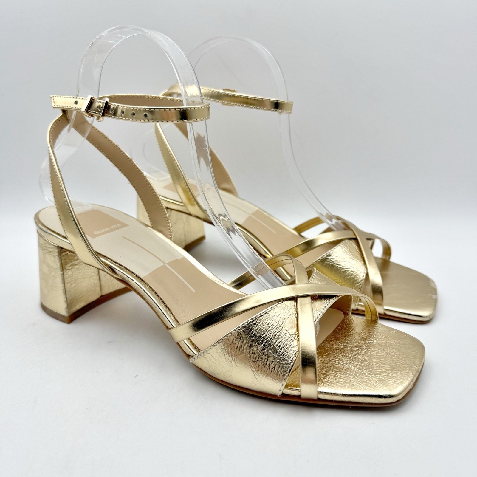 Dolce Vita Womens Blakly Heel Sandal US 8.5 Gold Distressed Leather NIB