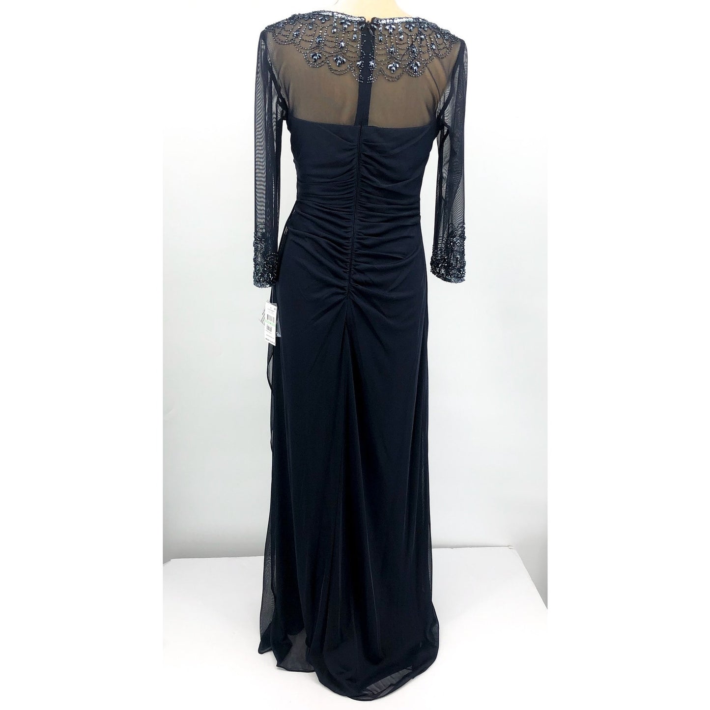 ALEX EVENINGS Illusion Sheath Gown Size 8 Deep Navy Blue Mesh Jeweled Neck NWT