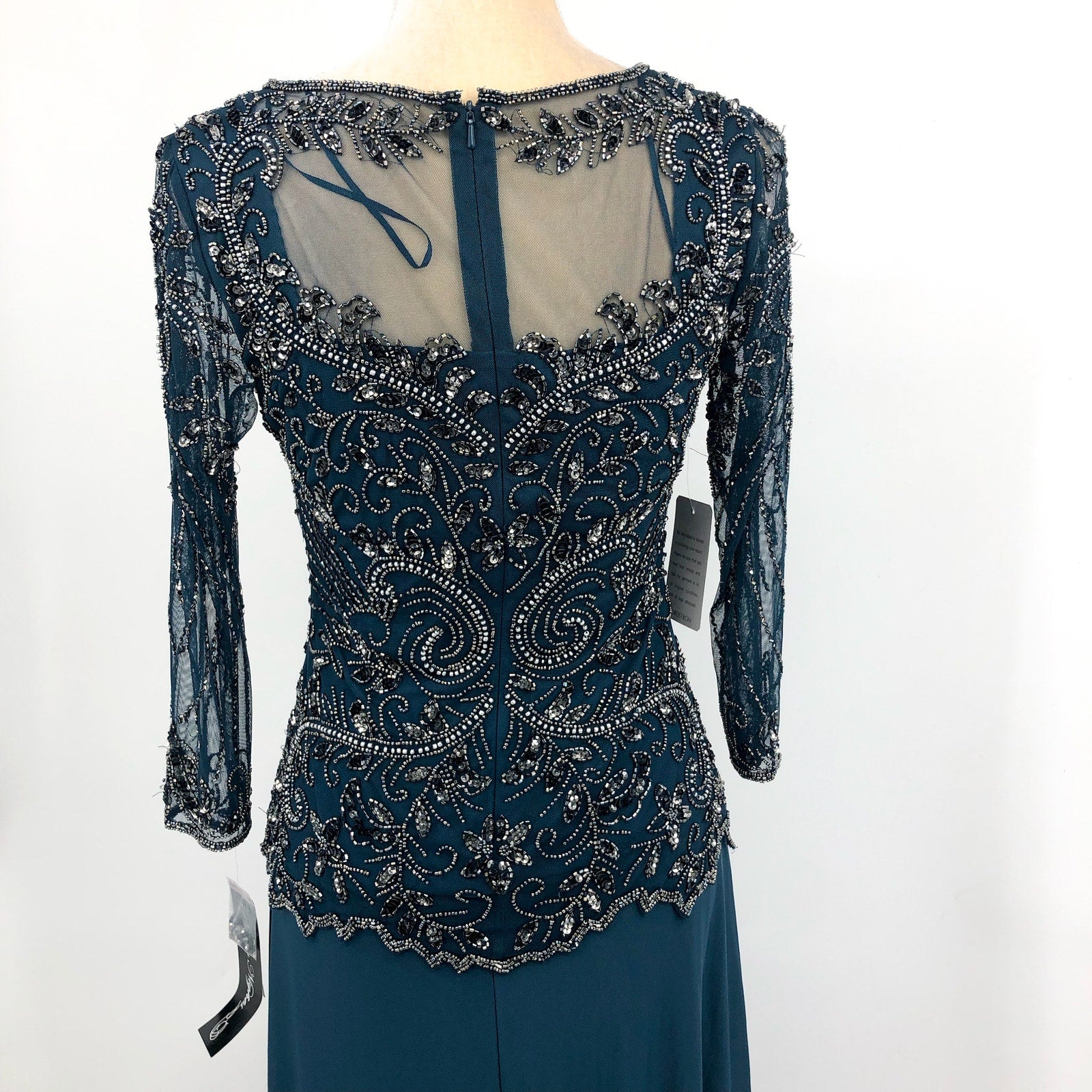 PISARRO NIGHTS Beaded Mesh Gown Size 4 Blue Rich Sapphire Mock Two-Piece NWT