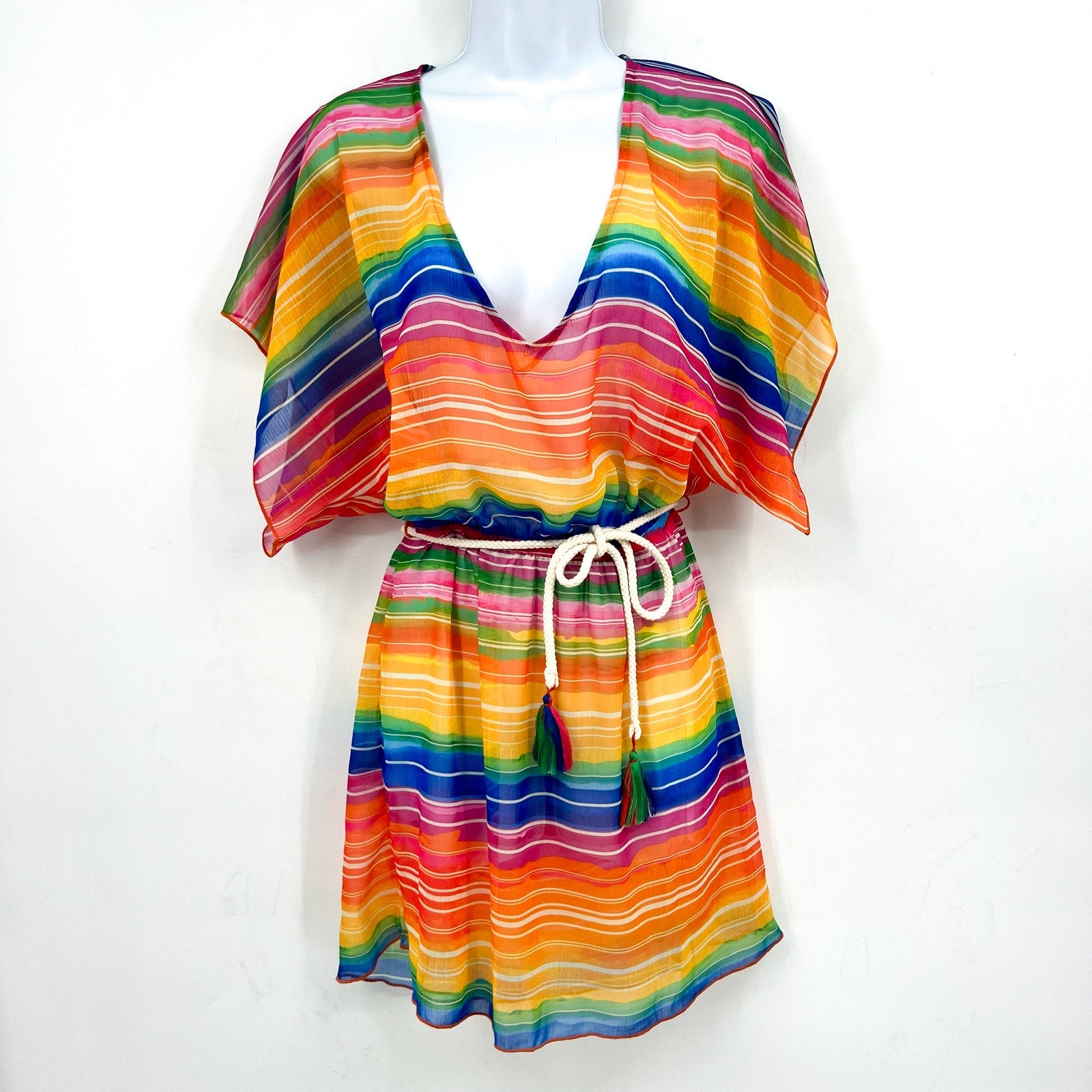 BECCA Shoreline Tunic Beach Cover Up XS-S Rainbow Multi Belted Chiffon NWT