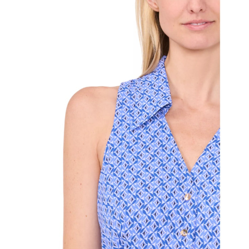 CECE Midi Shirt Dress Size 6 Blue Print Sleeveless V-Neck Belted Waist NWT