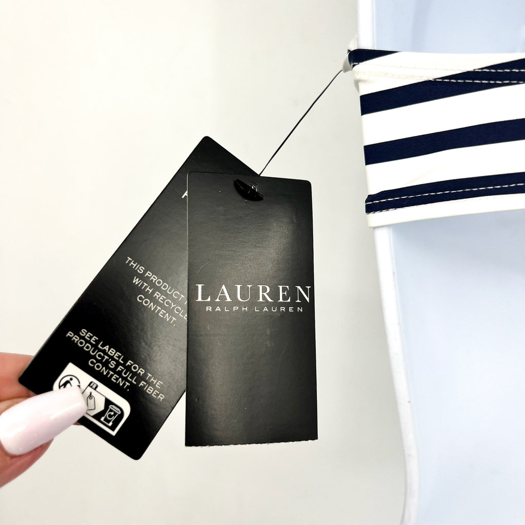 LAUREN RALPH LAUREN Luxe Ring Front Bikini Top Size 8 Navy Blue White Stripe NWT