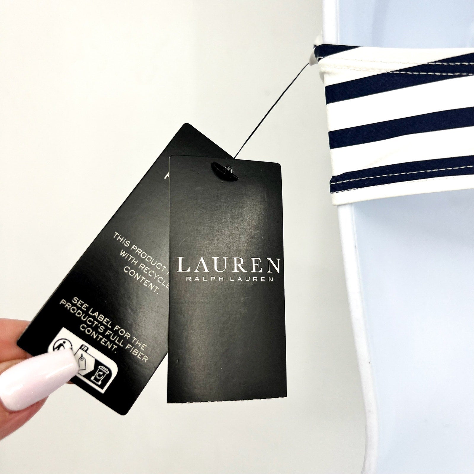 LAUREN RALPH LAUREN Luxe Ring Front Bikini Top Size 8 Navy Blue White Stripe NWT