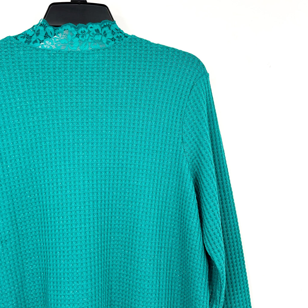 LOGO LORI GOLDSTEIN Metallic Waffle Knit Top Small Blue Green Long Sleeve NWOT