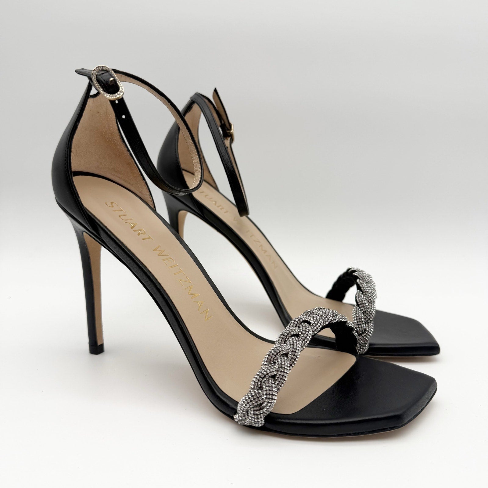 Stuart Weitzman Women Nudistcurve 100 Highshine Sandal US 9.5 Black Leather NWOB