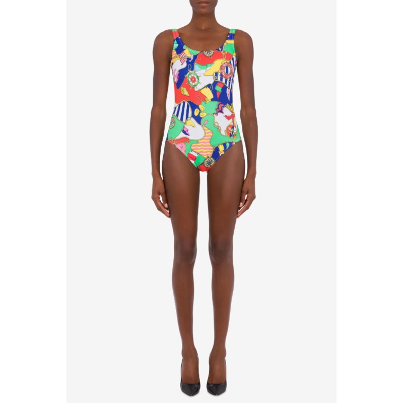 MOSCHINO Women's Allover Nautical Print One Piece Swimsuit Size 6 Red Blue NWOT