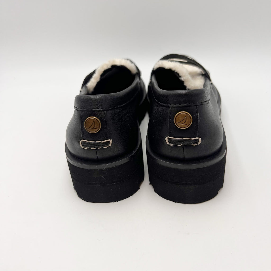 Sperry Womens Chunky Penny Loafers Size 6.5 M Black Leather Shearling Top NWOB