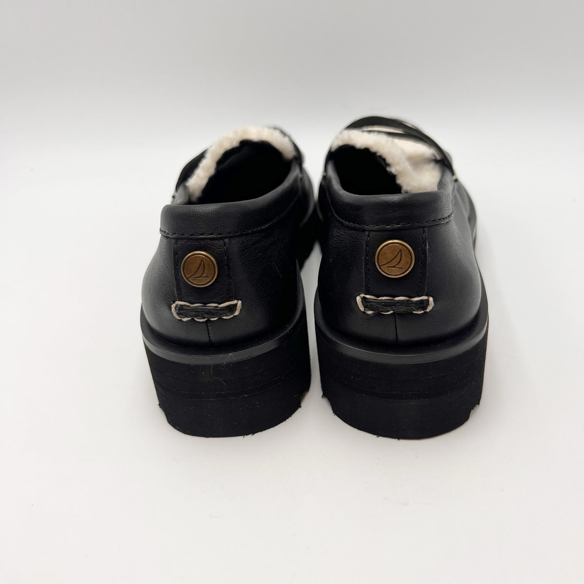 Sperry Womens Chunky Penny Loafers Size 6.5 M Black Leather Shearling Top NWOB