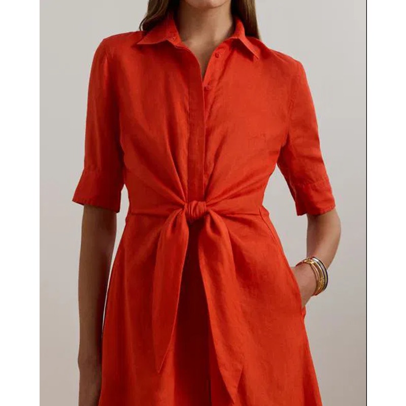 LAUREN RALPH LAUREN Tie-Front Linen Shirtdress Size 6 Orange Short Sleeve NWT