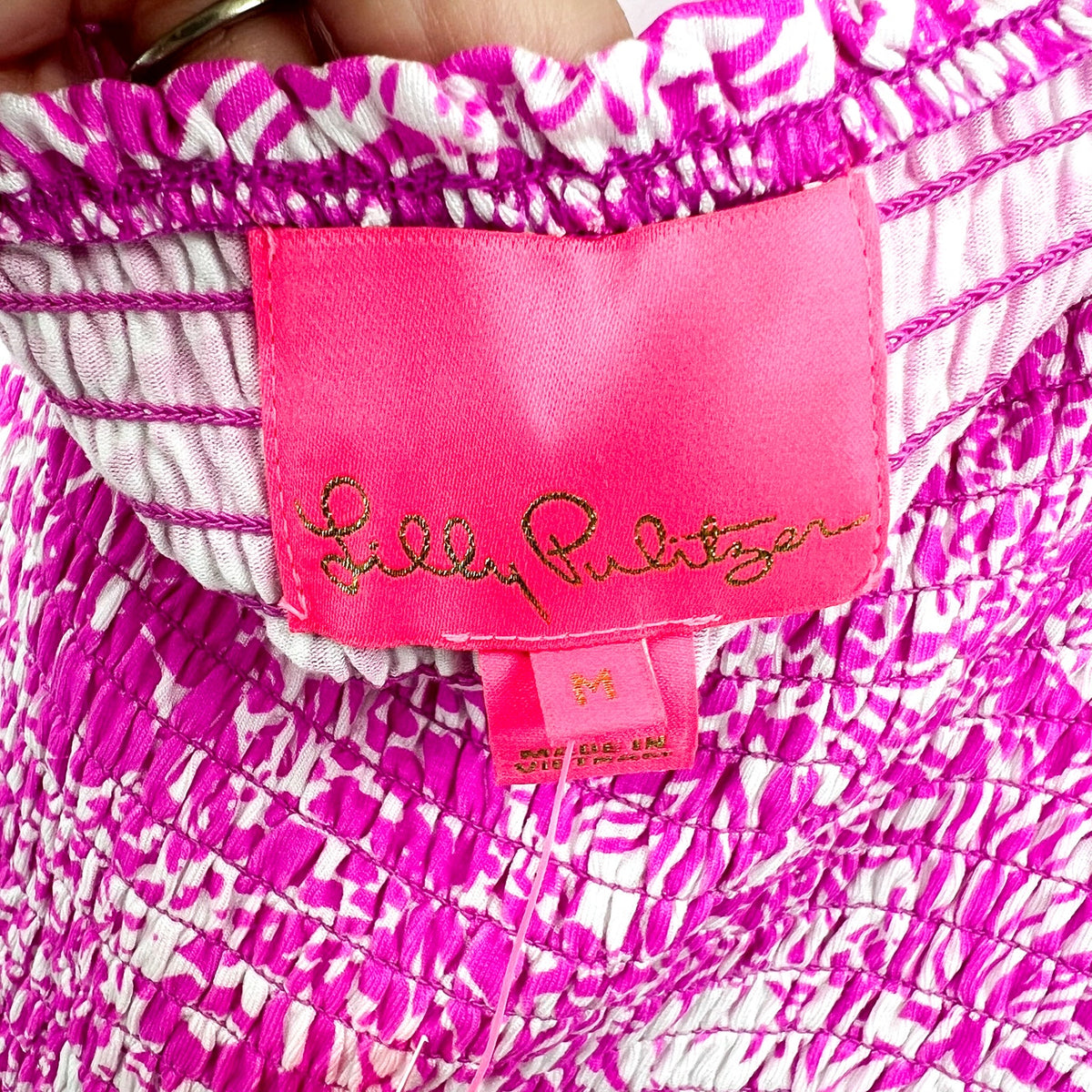 LILLY PULITZER Womens Rivera Smocked Romper Medium Purple White Swipe Right NWT