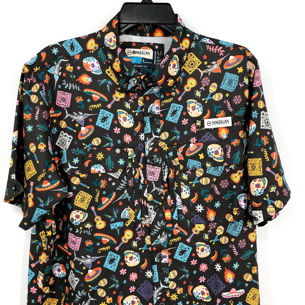 MAGELLAN Mens Dia De Los Muertos Fishing Shirt Medium Black Short Sleeve NWOT