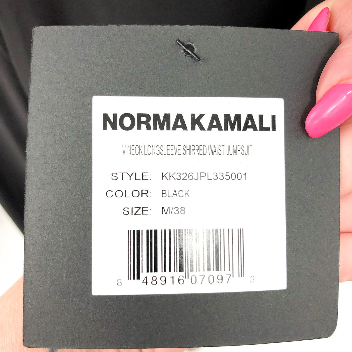 NORMA KAMALI V-Neck Shirred Waist Jumpsuit Medium 38 Black Long Sleeve NWT