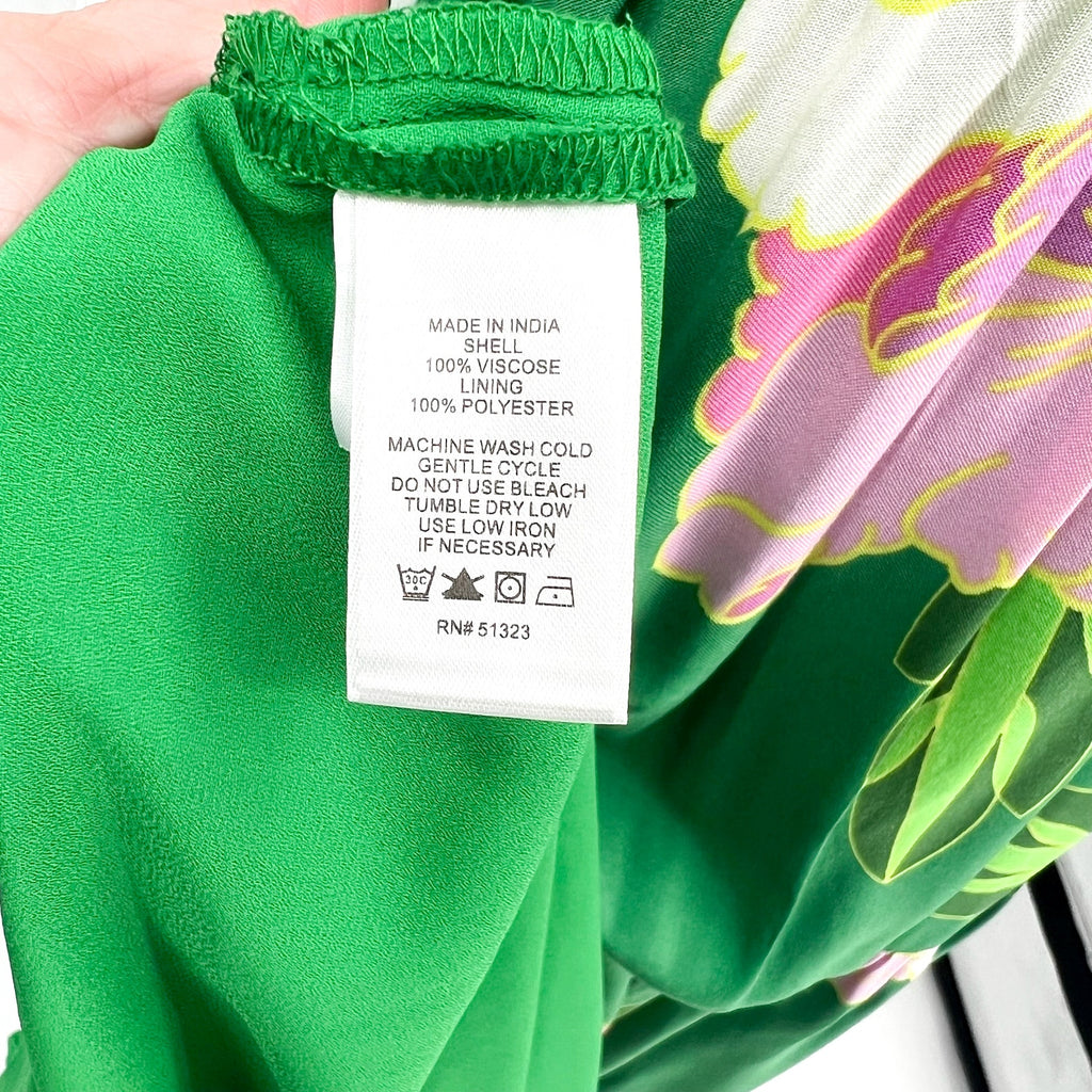 CECE Ruffle-Front Tiered Floral Maxi Dress Large Green Peony Blossom NWT