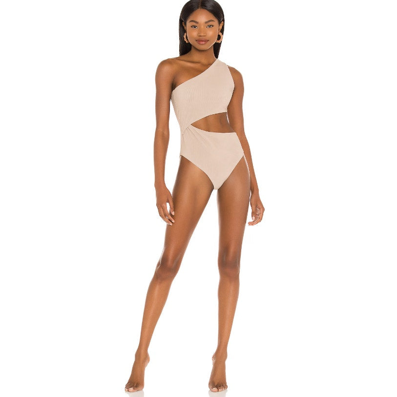BEACH RIOT Women's Celine One Piece Swimsuit Medium Tan Cut Out One Shoulder NWT