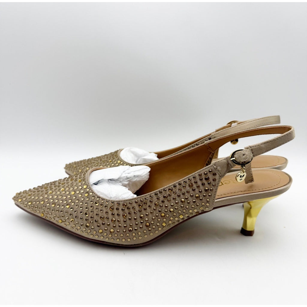 J. Renee Womens Ferryanne Kitten Heels Size 9 Wide Beige Satin Rhinestone NIB