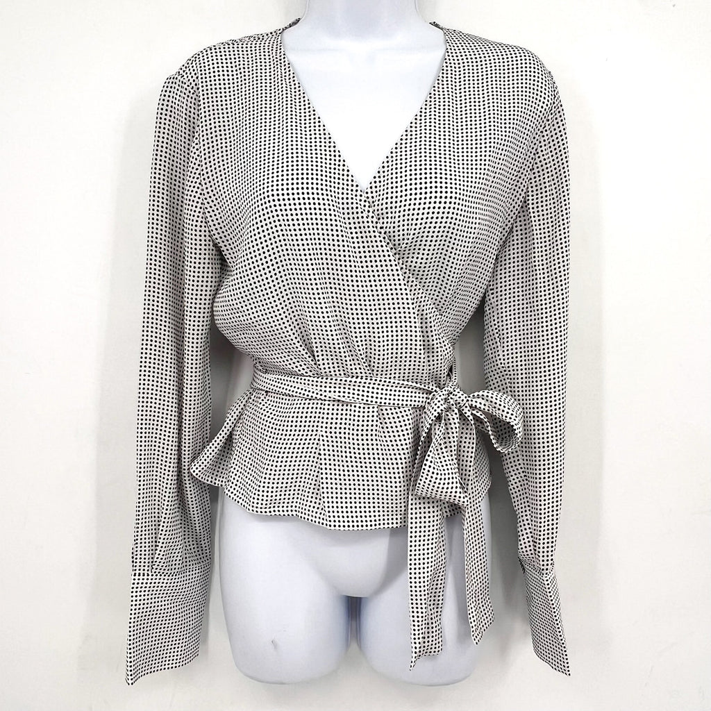 EQUIPMENT Women's Cenna Wrap Blouse Medium White Black Polka Dot Silk NWT