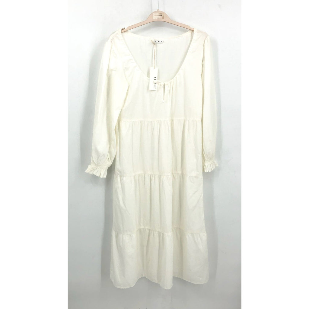 LACAUSA Women's Tate Tiered Midi Dress Small White Panna Cotta Long Sleeve NWT