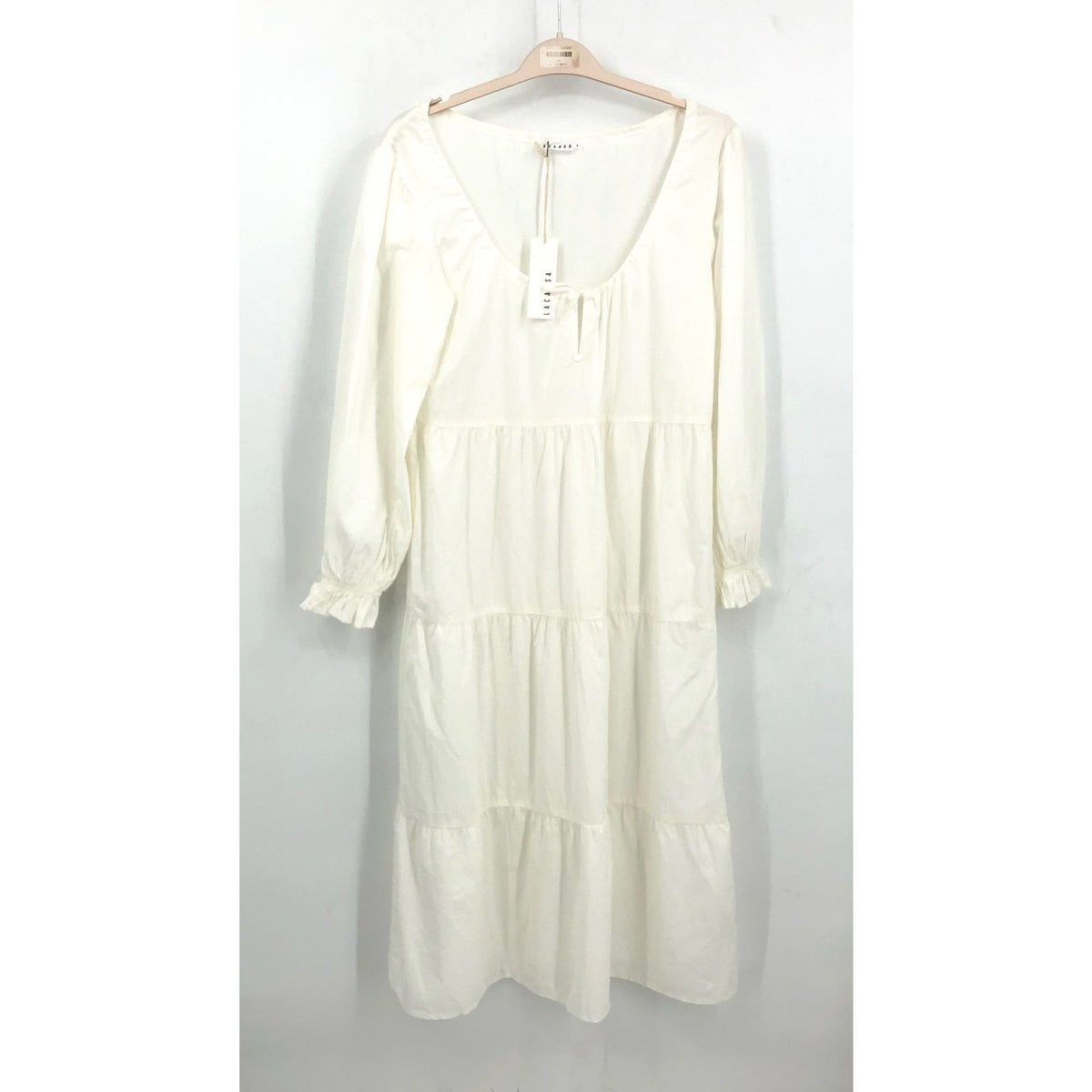 LACAUSA Women's Tate Tiered Midi Dress Small White Panna Cotta Long Sleeve NWT