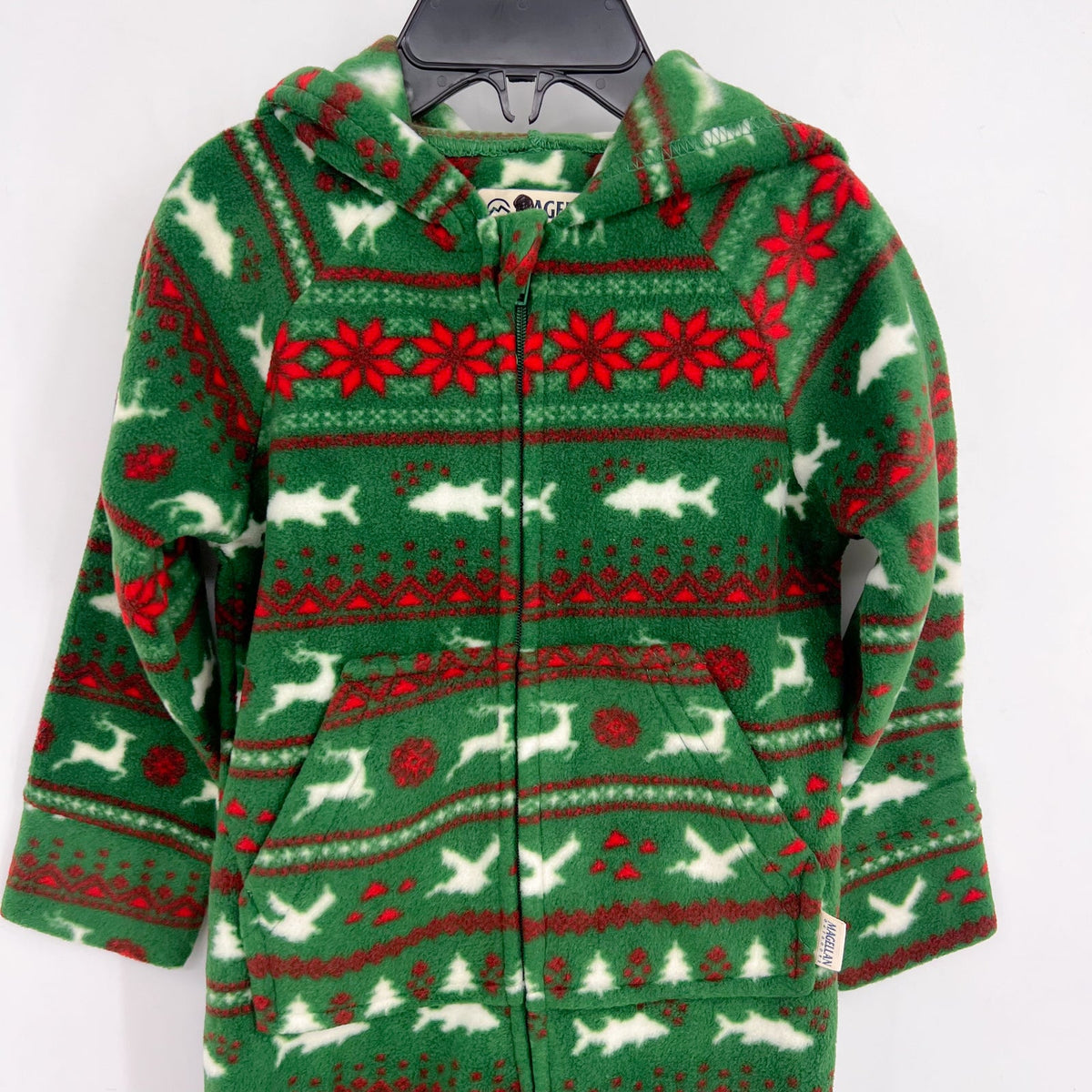MAGELLAN Kids Holiday One Piece Pajama 4 XS Green Print Fleece Footed Hood NWOT
