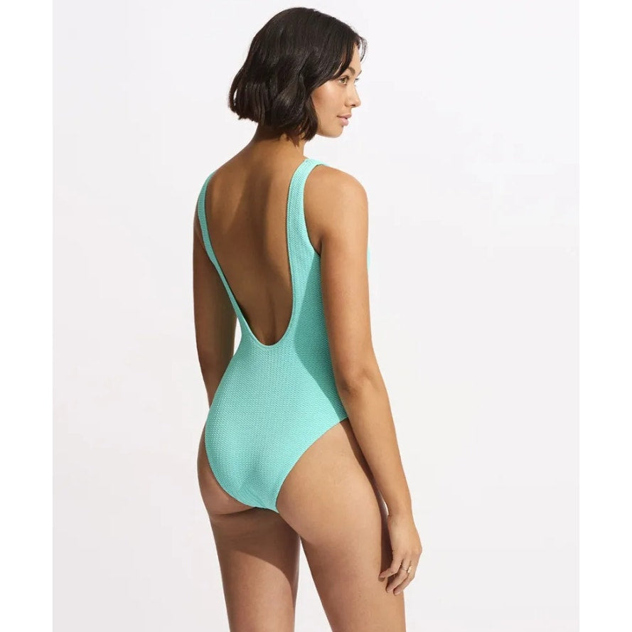 SEAFOLLY Spliced V Neck One Piece Swimsuit Size 10 Green Blue Lime Burst NWT