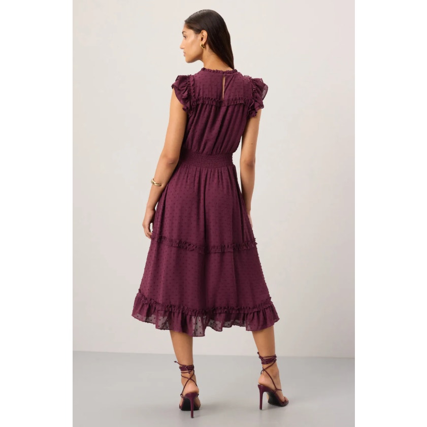 CECE Women's Ruffled Midi Dress Medium Red Rich Flutter Sleeve Swiss Dot NWT