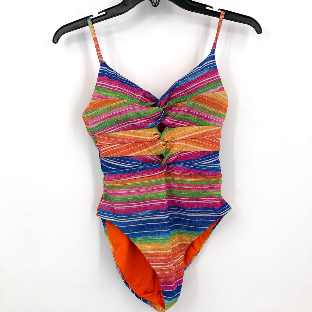 BECCA Women's Shoreline One Piece Swimsuit Large Pink Blue Multi Cut Out NWT