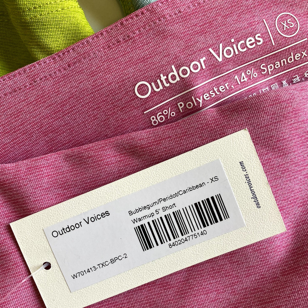 OUTDOOR VOICES Warmup 5" Shorts XS Bubblegum Pink Green Blue Colorblock NWT
