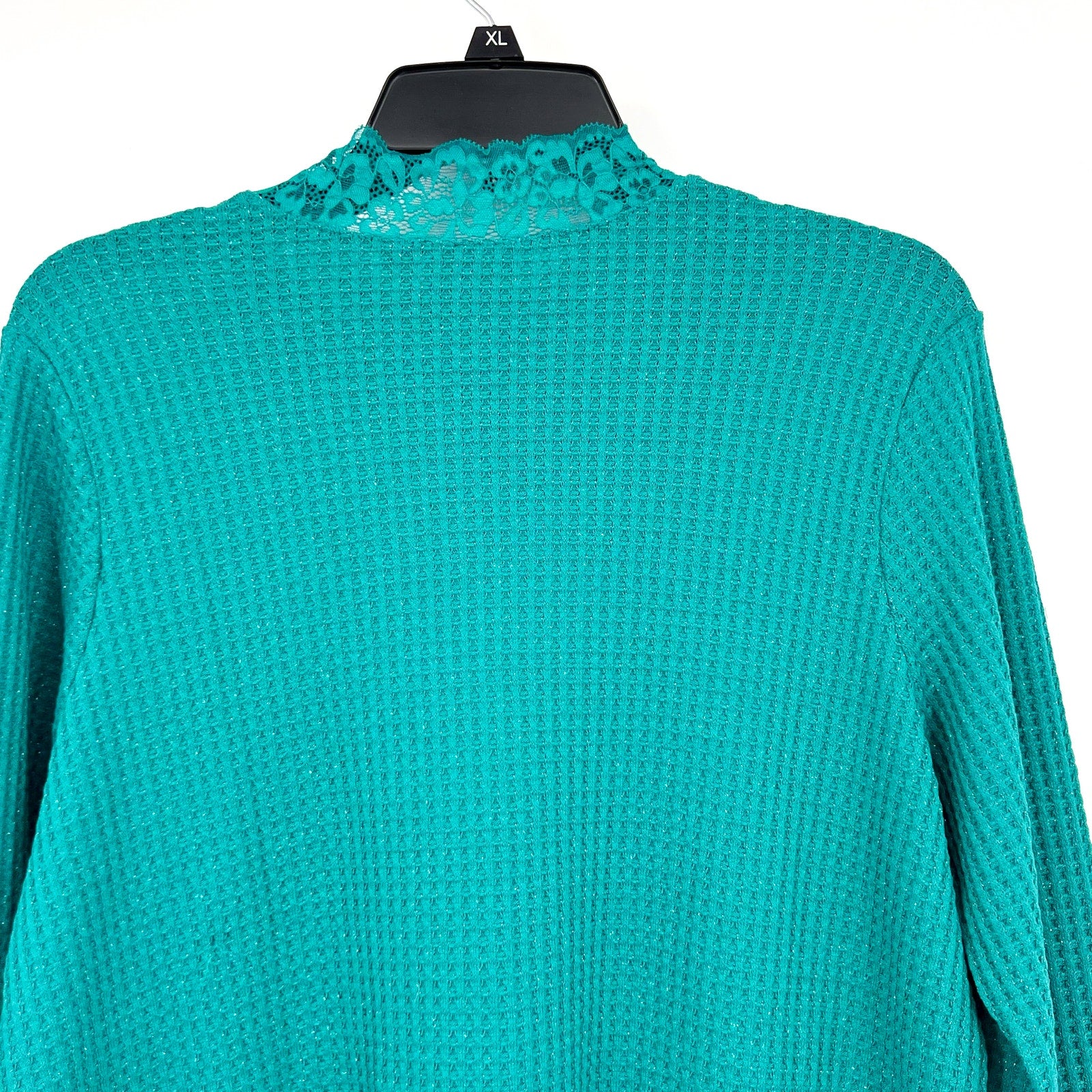 LOGO LORI GOLDSTEIN Metallic Waffle Knit Top Medium Blue Green Long Sleeve NWOT