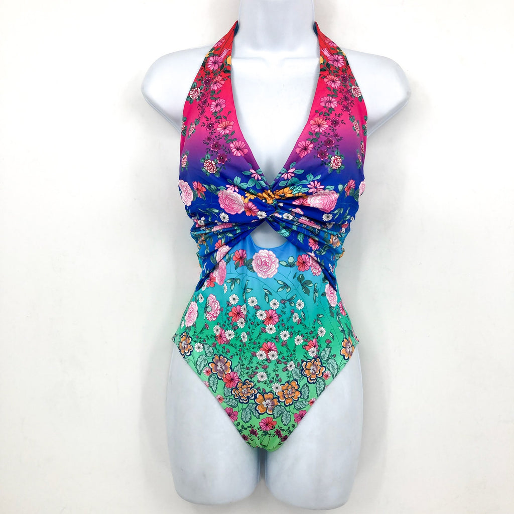 JOHNNY WAS Women's Rainbow One Piece Swimsuit Small Twist Keyhole Floral NWT