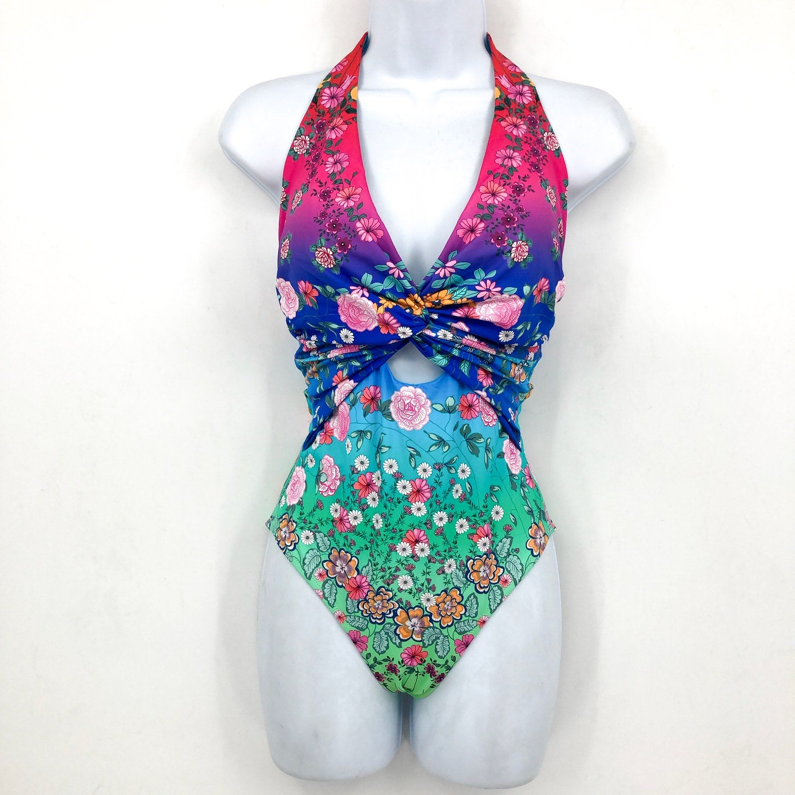 JOHNNY WAS Women's Rainbow One Piece Swimsuit Small Twist Keyhole Floral NWT