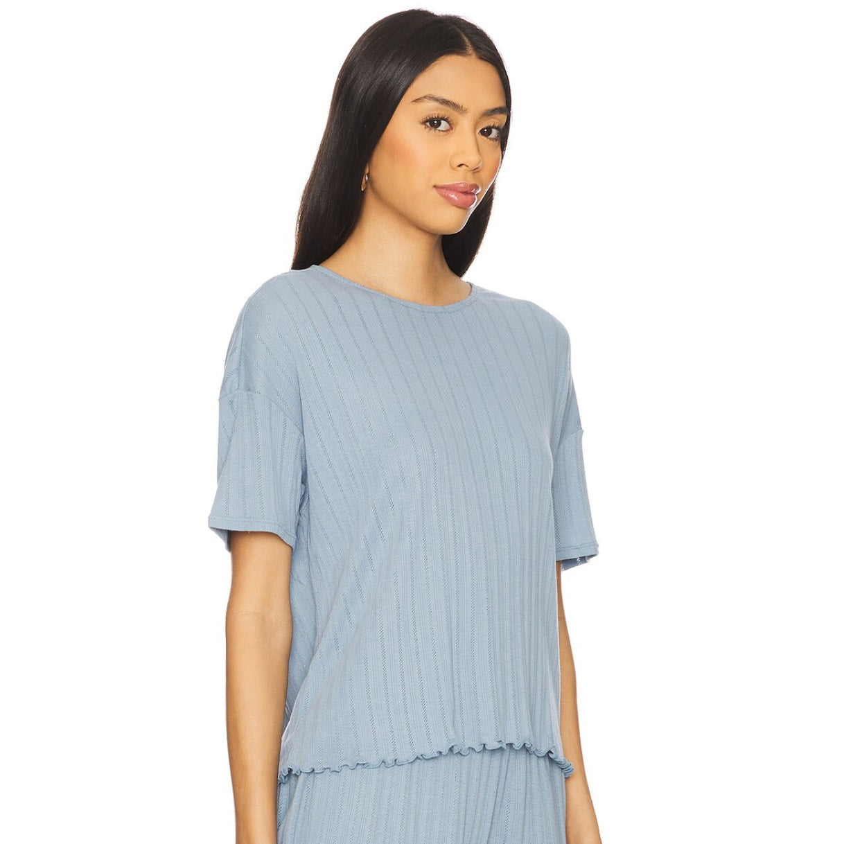 EBERJEY Women's Pointelle Short Sleeve Tee XS Blue Faded Denim Tencel Modal NWT