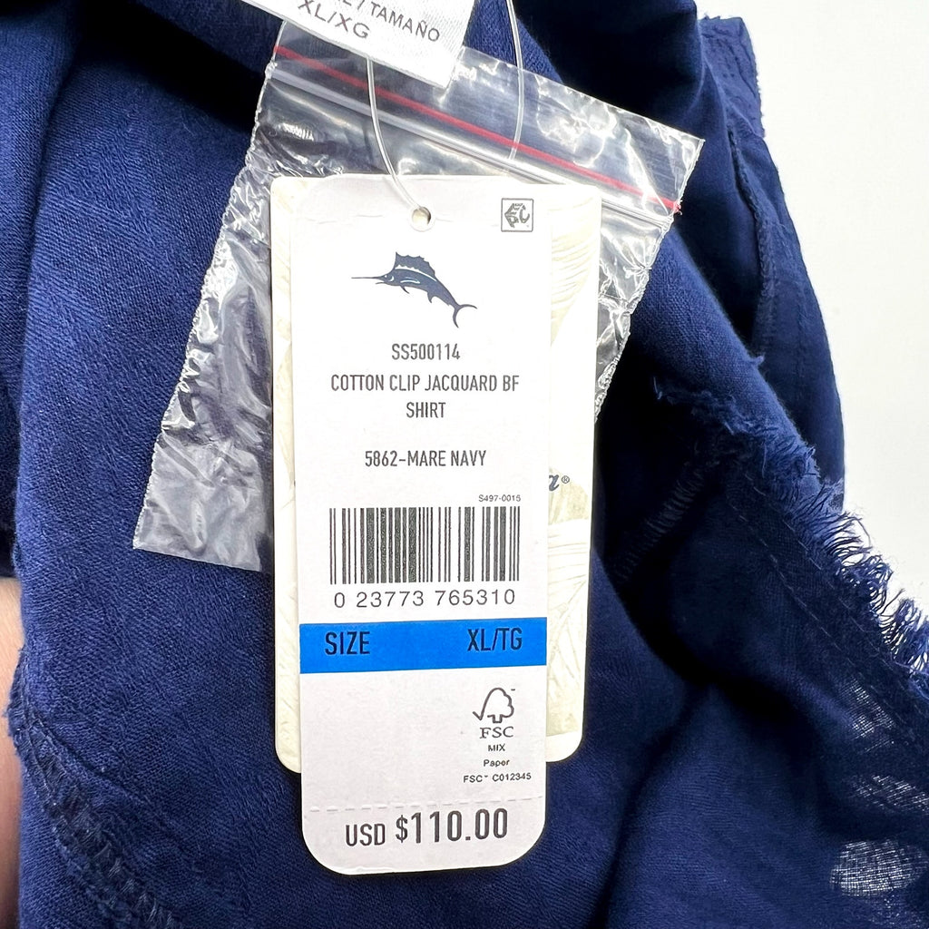 TOMMY BAHAMA Jacquard Boyfriend Cover Up Shirt XL Mare Navy Blue Cotton Clip NWT