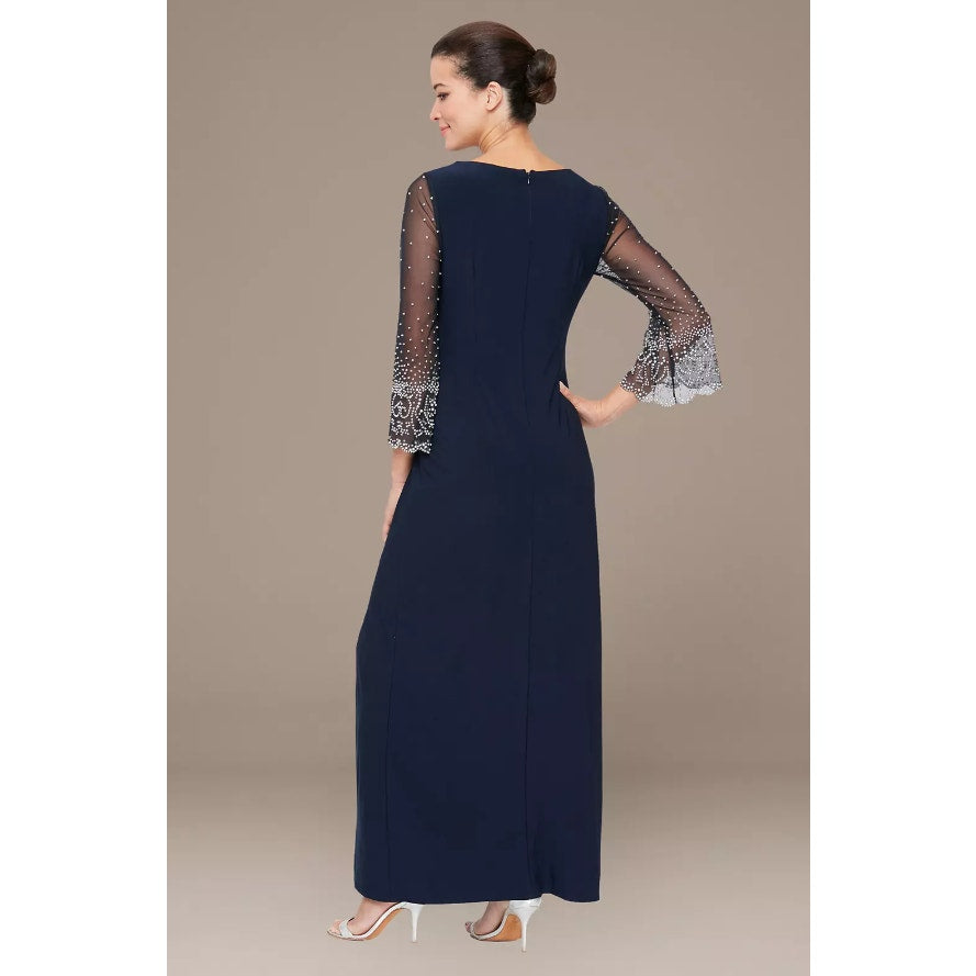 ALEX EVEININGS Embellished Illusion Dress Size 12 Dark Navy Blue Jersey NWT