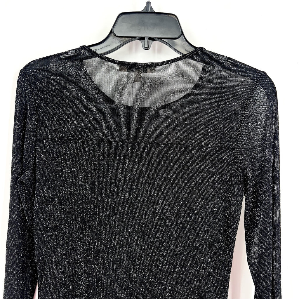 LES SEREIN Long Sleeve Glitter Mesh Sheer Top Small Black Silver Metallic NWT