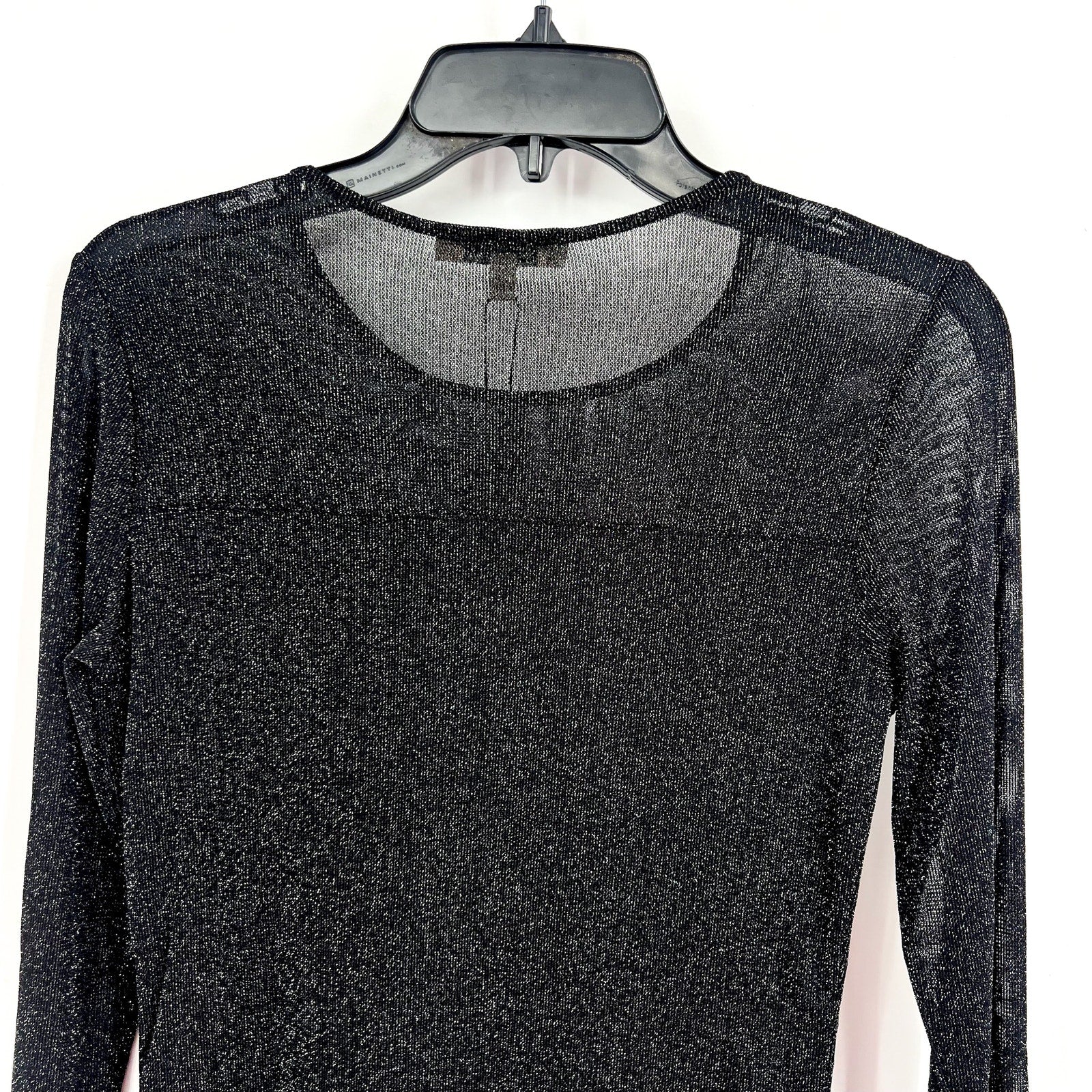 LES SEREIN Long Sleeve Glitter Mesh Sheer Top Small Black Silver Metallic NWT