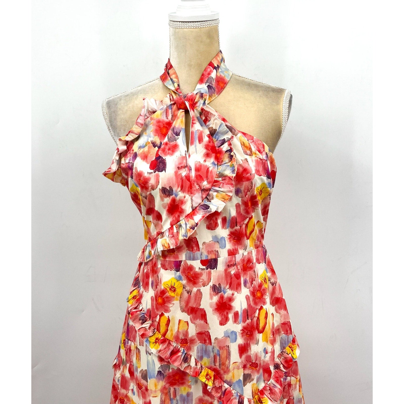 EN SAISON Women's Giada Midi Dress Small Pink Coral Floral Print Halter NWOT
